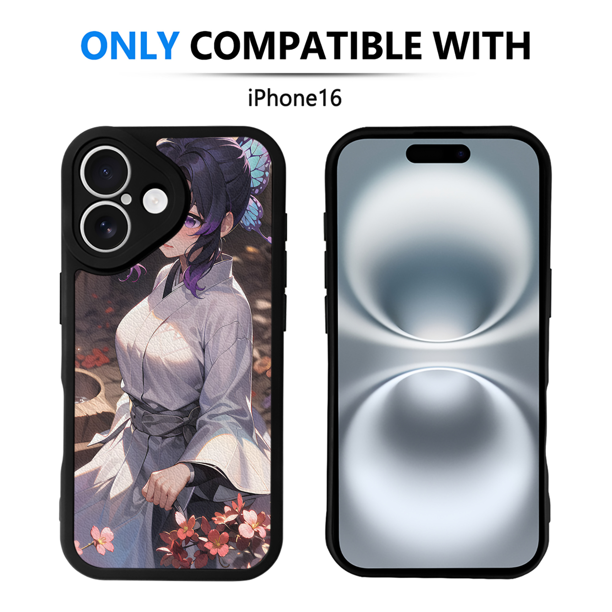 （画像用） 鬼滅の刃（きめつのやいば）蟲柱-胡蝶 しのぶ／こちょう しのぶ Kochou Shinobu 【iPhone 16シリーズ対応】シリコンスマホケース（レザー調） 材質：シリコン